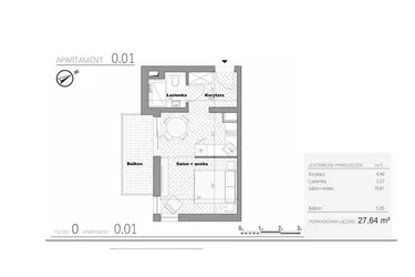 Rzut - Mieszkanie na sprzedaż 1 pokój o powierzchni 27,64 m² - numer 1.1 w Villa Książąt Pomorskich