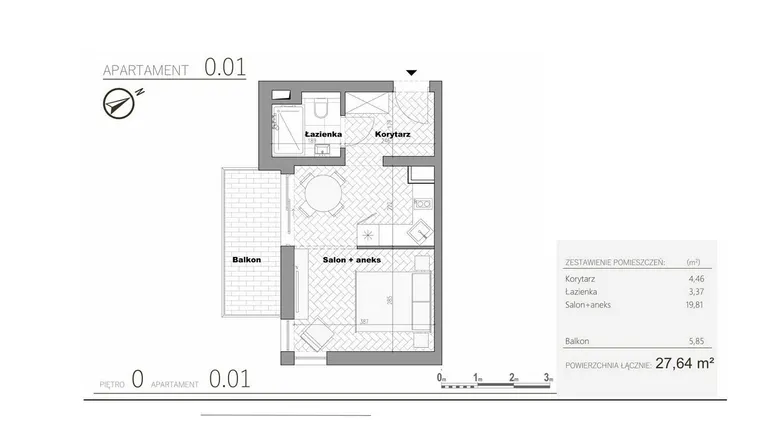 Rzut - Mieszkanie na sprzedaż 1 pokój o powierzchni 27,64 m² - numer 1.1 w Villa Książąt Pomorskich