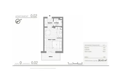 Rzut - Mieszkanie na sprzedaż 1 pokój o powierzchni 26,43 m² - numer 1.2 w Villa Książąt Pomorskich