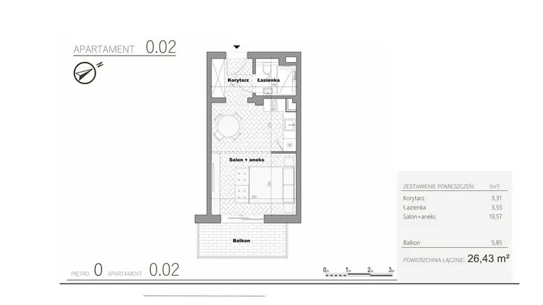 Rzut - Mieszkanie na sprzedaż 1 pokój o powierzchni 26,43 m² - numer 1.2 w Villa Książąt Pomorskich