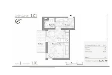 Rzut - Mieszkanie na sprzedaż 1 pokój o powierzchni 29,42 m² - numer 2.1 w Villa Książąt Pomorskich