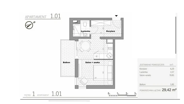 Rzut - Mieszkanie na sprzedaż 1 pokój o powierzchni 29,42 m² - numer 2.1 w Villa Książąt Pomorskich