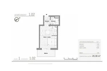 Rzut - Mieszkanie na sprzedaż 1 pokój o powierzchni 25,39 m² - numer 2.2 w Villa Książąt Pomorskich