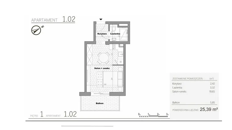 Rzut - Mieszkanie na sprzedaż 1 pokój o powierzchni 25,39 m² - numer 2.2 w Villa Książąt Pomorskich