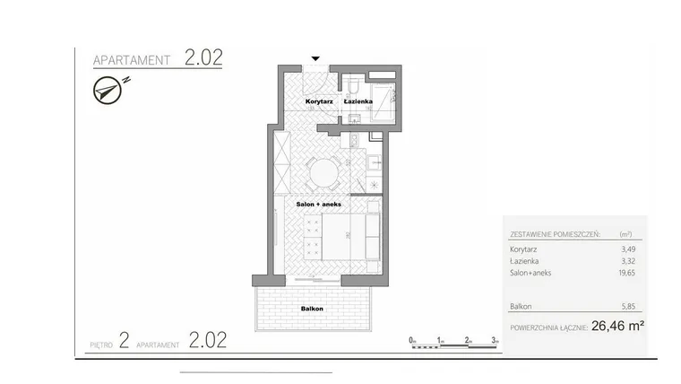 Rzut - Mieszkanie na sprzedaż 1 pokój o powierzchni 26,46 m² - numer 3.2 w Villa Książąt Pomorskich