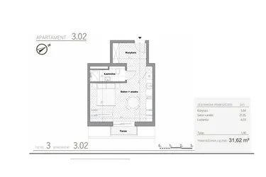 Rzut - Mieszkanie na sprzedaż 1 pokój o powierzchni 31,62 m² - numer 4.2 w Villa Książąt Pomorskich