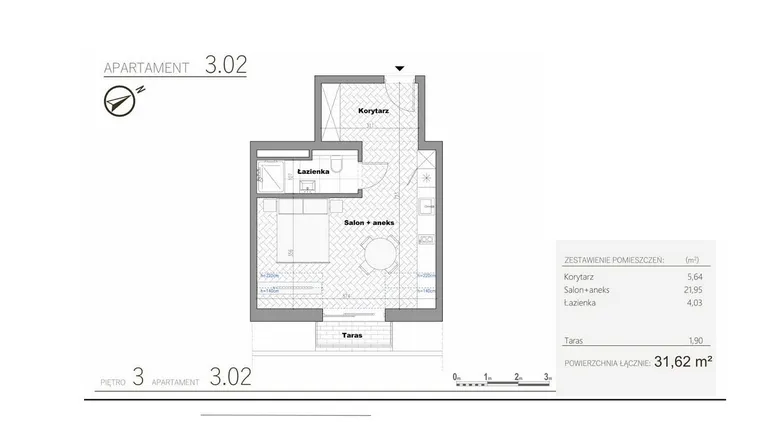 Rzut - Mieszkanie na sprzedaż 1 pokój o powierzchni 31,62 m² - numer 4.2 w Villa Książąt Pomorskich