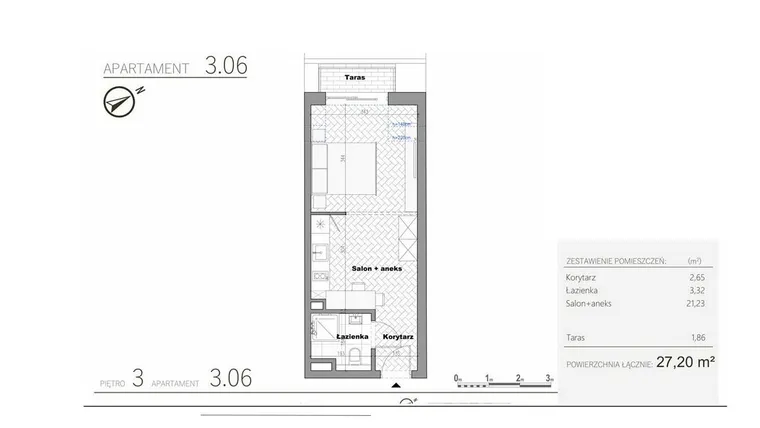 Rzut - Mieszkanie na sprzedaż 1 pokój o powierzchni 27,2 m² - numer 4.6 w Villa Książąt Pomorskich