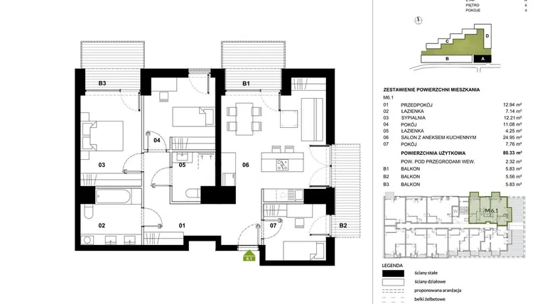 Rzut - Mieszkanie na sprzedaż 3 pokoje o powierzchni 52,01 m² - numer A.6.1 w Kozielska Park