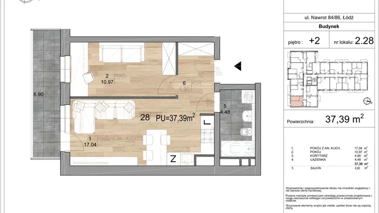 Rzut - Mieszkanie na sprzedaż 2 pokoje o powierzchni 37,39 m² - numer M 2.28 w Nawrot 86