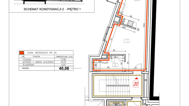 Rzut - Mieszkanie na sprzedaż 2 pokoje o powierzchni 40,06 m² - numer 7 (20) w Alchemik74