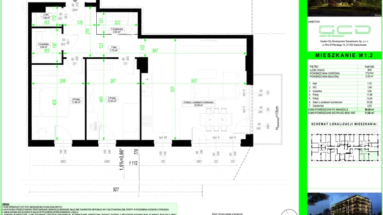 Rzut - Mieszkanie na sprzedaż 3 pokoje o powierzchni 69,75 m² - numer 1.2. w City Park Apartments
