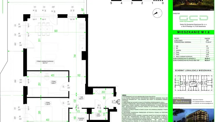 Rzut - Mieszkanie na sprzedaż 3 pokoje o powierzchni 65,38 m² - numer 1.8. w City Park Apartments