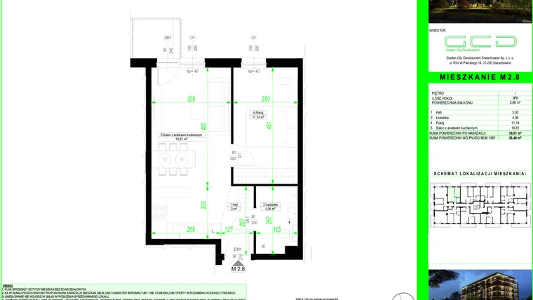 Rzut - Mieszkanie na sprzedaż 2 pokoje o powierzchni 37,82 m² - numer 2.8. w City Park Apartments