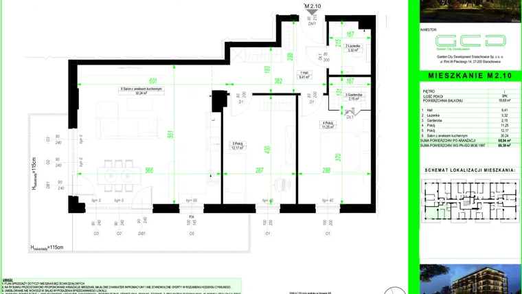 Rzut - Mieszkanie na sprzedaż 3 pokoje o powierzchni 68,31 m² - numer 2.10. w City Park Apartments