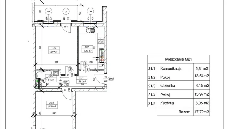 Rzut - Mieszkanie na sprzedaż 2 pokoje o powierzchni 47 m² - numer D 21 w Osiedle Staromiejskie