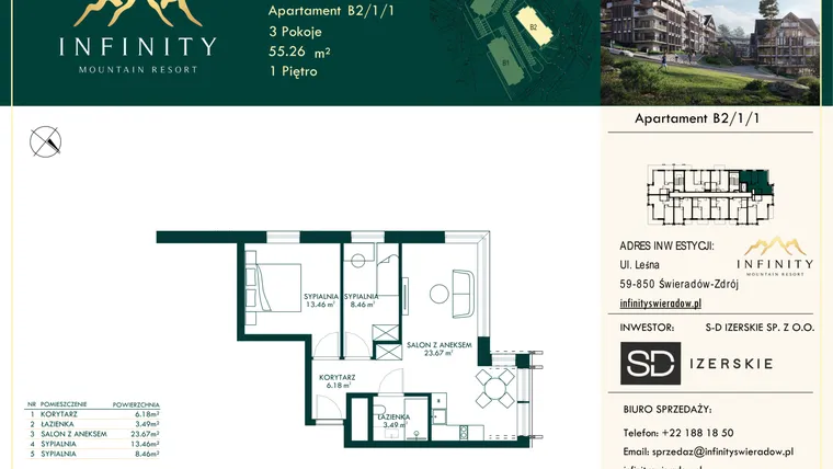 Rzut - Mieszkanie na sprzedaż 3 pokoje o powierzchni 55,26 m² - numer B2.1.1 w Infinity Mountain Resort