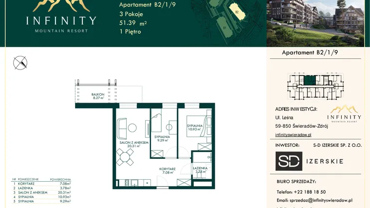 Rzut - Mieszkanie na sprzedaż 3 pokoje o powierzchni 51,39 m² - numer B2.1.9 w Infinity Mountain Resort