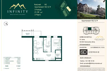 Rzut - Mieszkanie na sprzedaż 3 pokoje o powierzchni 51,38 m² - numer B2.2.9 w Infinity Mountain Resort