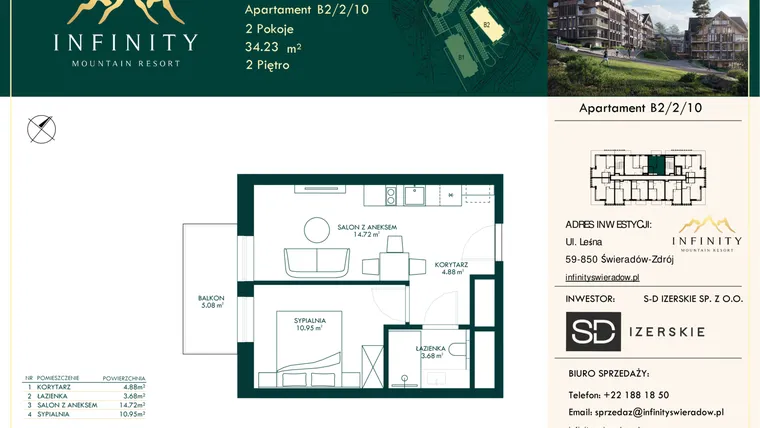 Rzut - Mieszkanie na sprzedaż 2 pokoje o powierzchni 34,23 m² - numer B2.2.10 w Infinity Mountain Resort