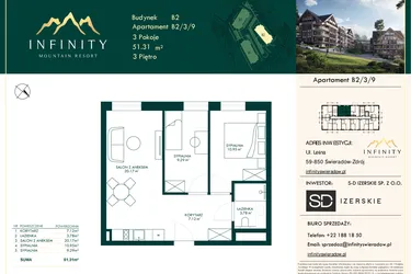 Rzut - Mieszkanie na sprzedaż 3 pokoje o powierzchni 51,31 m² - numer B2.3.9 w Infinity Mountain Resort