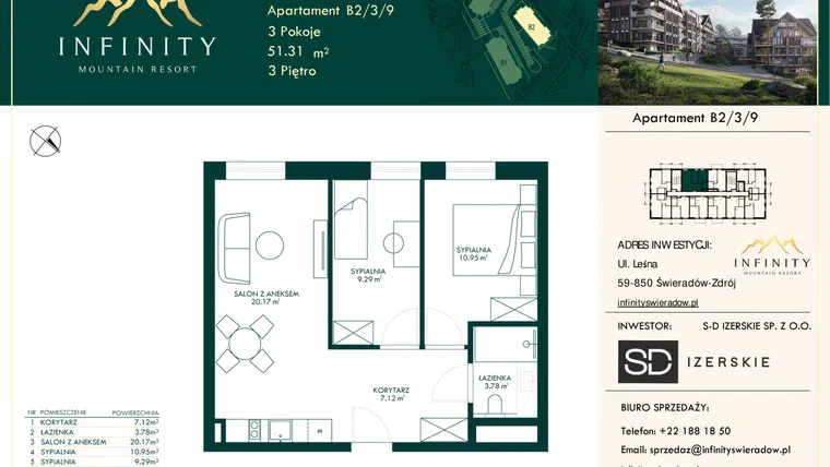 Rzut - Mieszkanie na sprzedaż 3 pokoje o powierzchni 51,31 m² - numer B2.3.9 w Infinity Mountain Resort