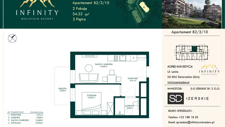 Rzut - Mieszkanie na sprzedaż 2 pokoje o powierzchni 34,22 m² - numer B2.3.10 w Infinity Mountain Resort