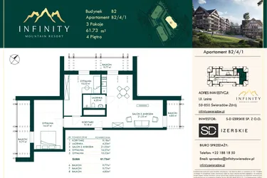 Rzut - Mieszkanie na sprzedaż 3 pokoje o powierzchni 61,73 m² - numer B2.4.1 w Infinity Mountain Resort