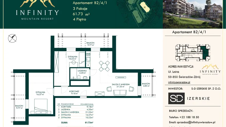 Rzut - Mieszkanie na sprzedaż 3 pokoje o powierzchni 61,73 m² - numer B2.4.1 w Infinity Mountain Resort