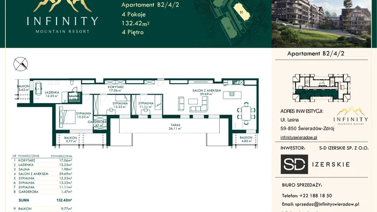 Rzut - Mieszkanie na sprzedaż 4 pokoje o powierzchni 132,42 m² - numer B2.4.2 w Infinity Mountain Resort