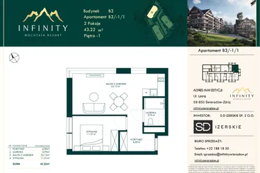 Rzut - Mieszkanie na sprzedaż 2 pokoje o powierzchni 43,22 m² - numer B3.-1.1 w Infinity Mountain Resort