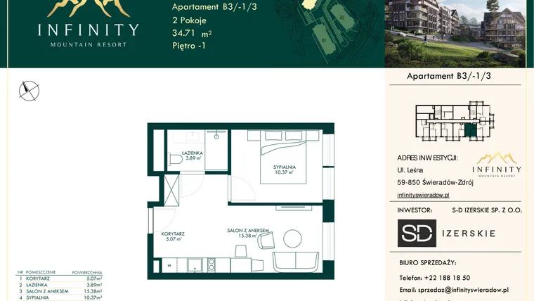 Rzut - Mieszkanie na sprzedaż 2 pokoje o powierzchni 34,71 m² - numer B3.-1.3 w Infinity Mountain Resort
