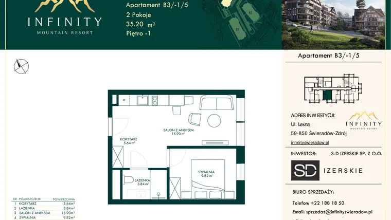 Rzut - Mieszkanie na sprzedaż 2 pokoje o powierzchni 35,2 m² - numer B3.-1.5 w Infinity Mountain Resort