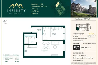 Rzut - Mieszkanie na sprzedaż 2 pokoje o powierzchni 46,78 m² - numer B3.-1.7 w Infinity Mountain Resort