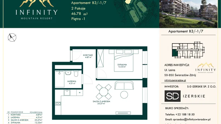 Rzut - Mieszkanie na sprzedaż 2 pokoje o powierzchni 46,78 m² - numer B3.-1.7 w Infinity Mountain Resort