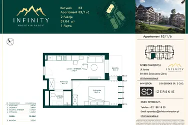 Rzut - Mieszkanie na sprzedaż 2 pokoje o powierzchni 39,04 m² - numer B3.1.6 w Infinity Mountain Resort