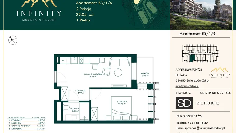 Rzut - Mieszkanie na sprzedaż 2 pokoje o powierzchni 39,04 m² - numer B3.1.6 w Infinity Mountain Resort