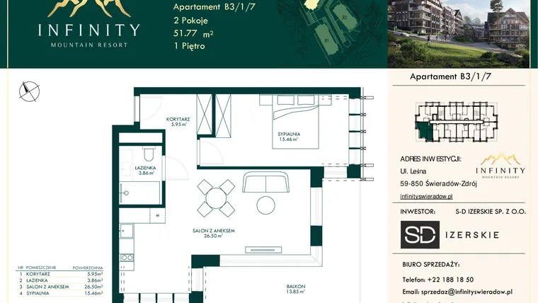 Rzut - Mieszkanie na sprzedaż 2 pokoje o powierzchni 51,77 m² - numer B3.1.7 w Infinity Mountain Resort