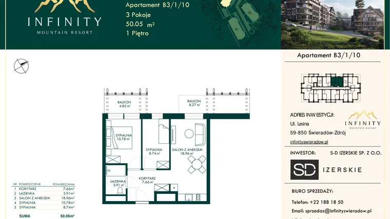 Rzut - Mieszkanie na sprzedaż 3 pokoje o powierzchni 50,05 m² - numer B3.1.10 w Infinity Mountain Resort