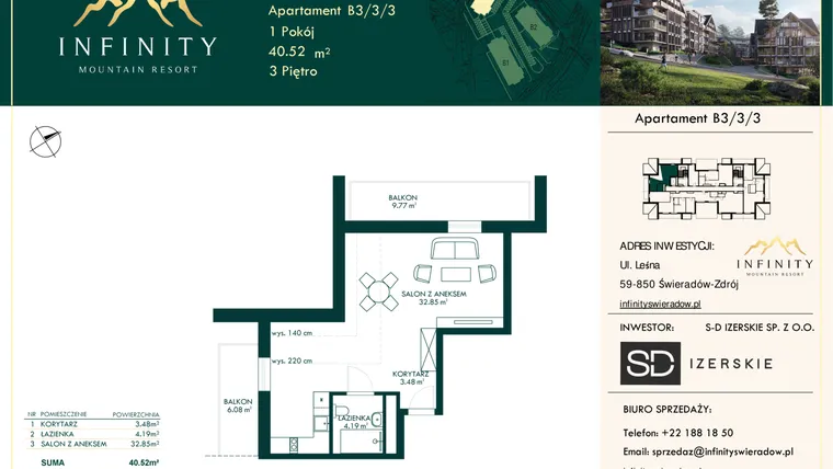 Rzut - Mieszkanie na sprzedaż 1 pokój o powierzchni 40,52 m² - numer B3.3.3 w Infinity Mountain Resort