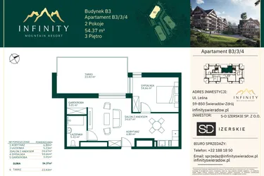 Rzut - Mieszkanie na sprzedaż 2 pokoje o powierzchni 54,37 m² - numer B3.3.4 w Infinity Mountain Resort