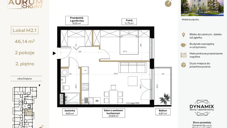 Rzut - Mieszkanie na sprzedaż 2 pokoje o powierzchni 46,14 m² - numer 2.01 w Aurum Chojny