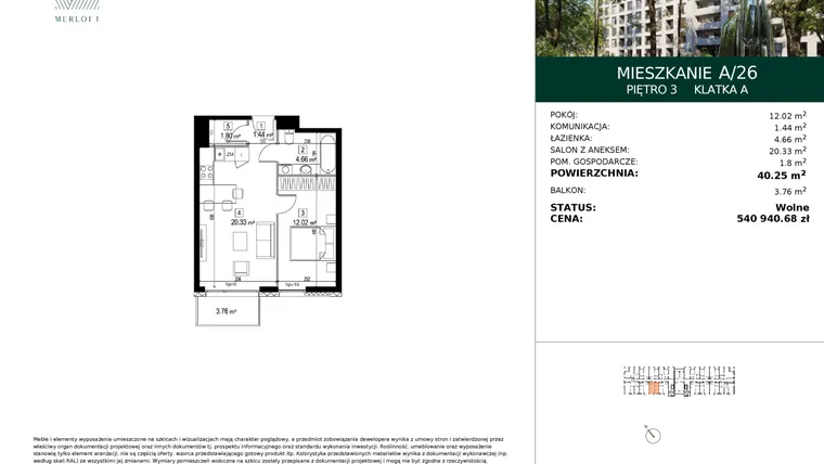 Rzut - Mieszkanie na sprzedaż 2 pokoje o powierzchni 40,25 m² - numer A/26 w Merloft