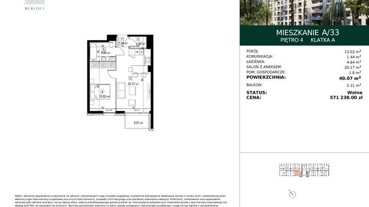 Rzut - Mieszkanie na sprzedaż 2 pokoje o powierzchni 40,07 m² - numer A/33 w Merloft