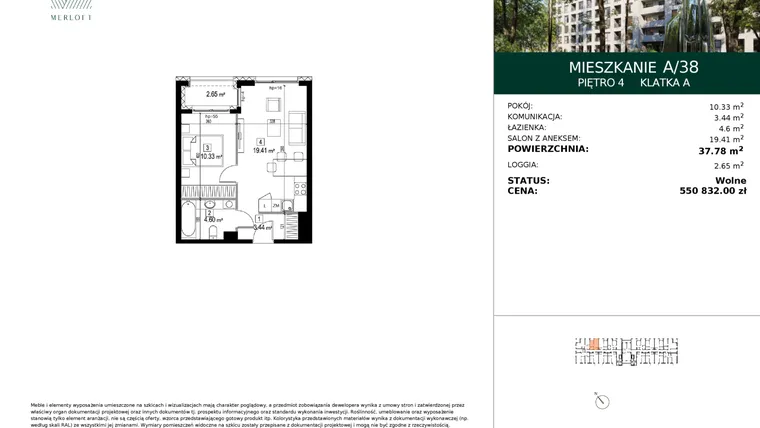 Rzut - Mieszkanie na sprzedaż 2 pokoje o powierzchni 37,78 m² - numer A/38 w Merloft