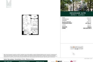 Rzut - Mieszkanie na sprzedaż 2 pokoje o powierzchni 37,78 m² - numer A/39 w Merloft