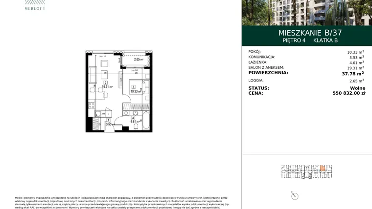 Rzut - Mieszkanie na sprzedaż 2 pokoje o powierzchni 37,78 m² - numer B/37 w Merloft