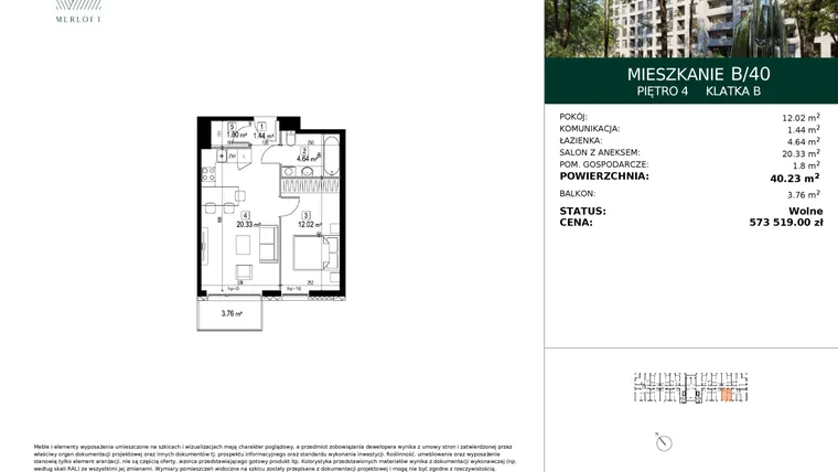 Rzut - Mieszkanie na sprzedaż 2 pokoje o powierzchni 40,23 m² - numer B/40 w Merloft
