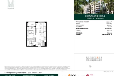 Rzut - Mieszkanie na sprzedaż 2 pokoje o powierzchni 37,77 m² - numer B/44 w Merloft