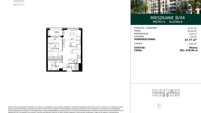 Rzut - Mieszkanie na sprzedaż 2 pokoje o powierzchni 37,77 m² - numer B/44 w Merloft